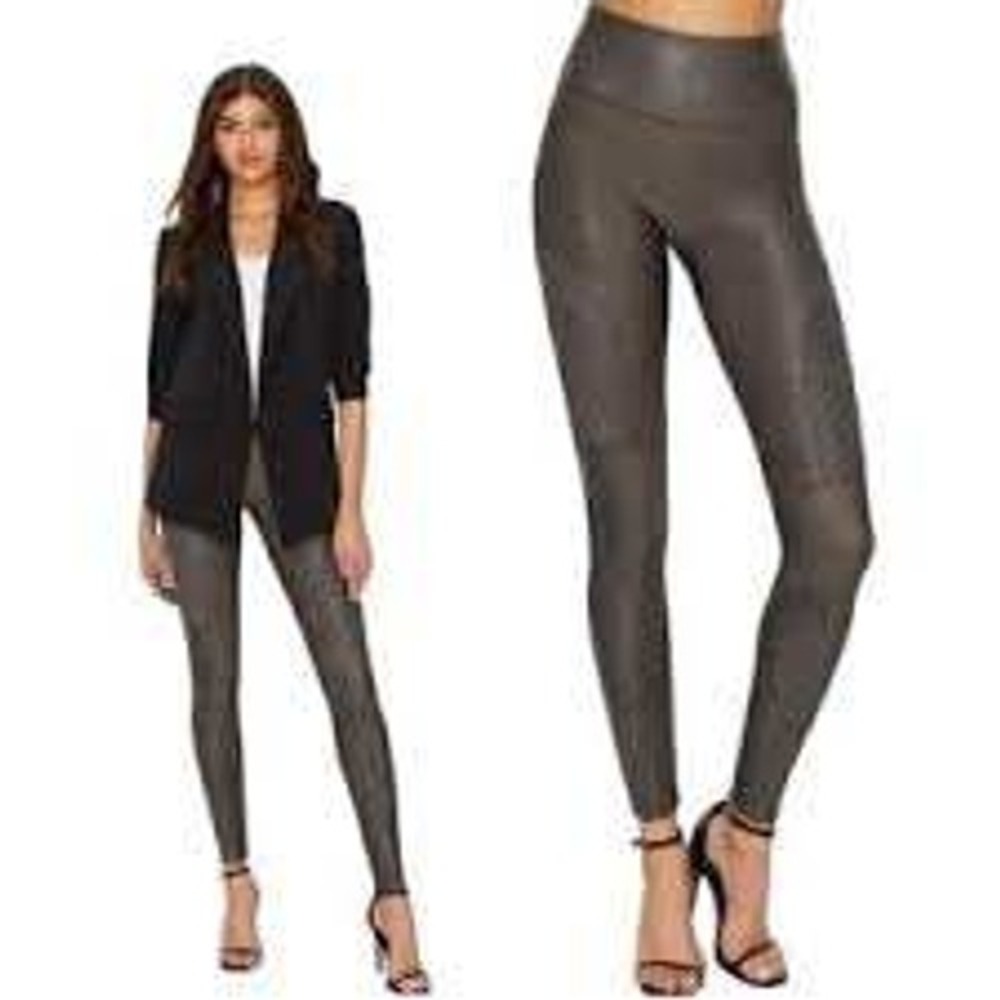 Spanx Faux Leather Leggings Gunmetal Grey Metallic High Waist‎ Shaping Large L